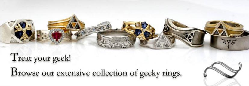 A large selection of geeky themed engagement and wedding rings